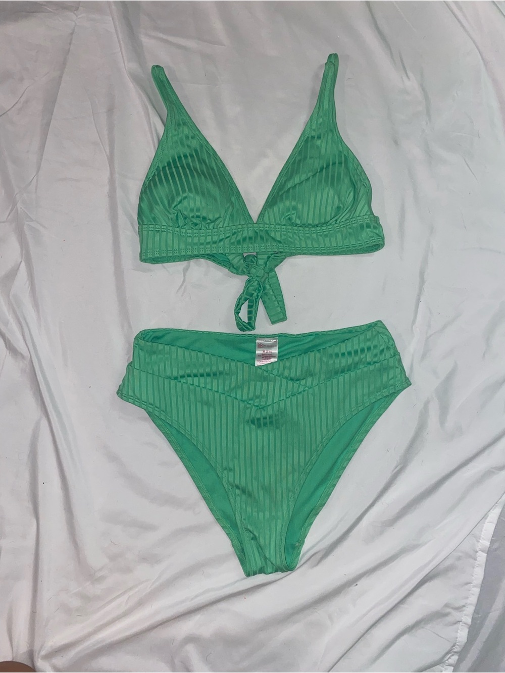 Green Ribbed Tie Bikini Set - Women Swim